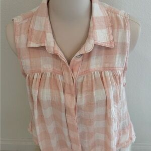 Free People Women’s Plaid Frayed Sleeveless blouse,Pink, Size Small